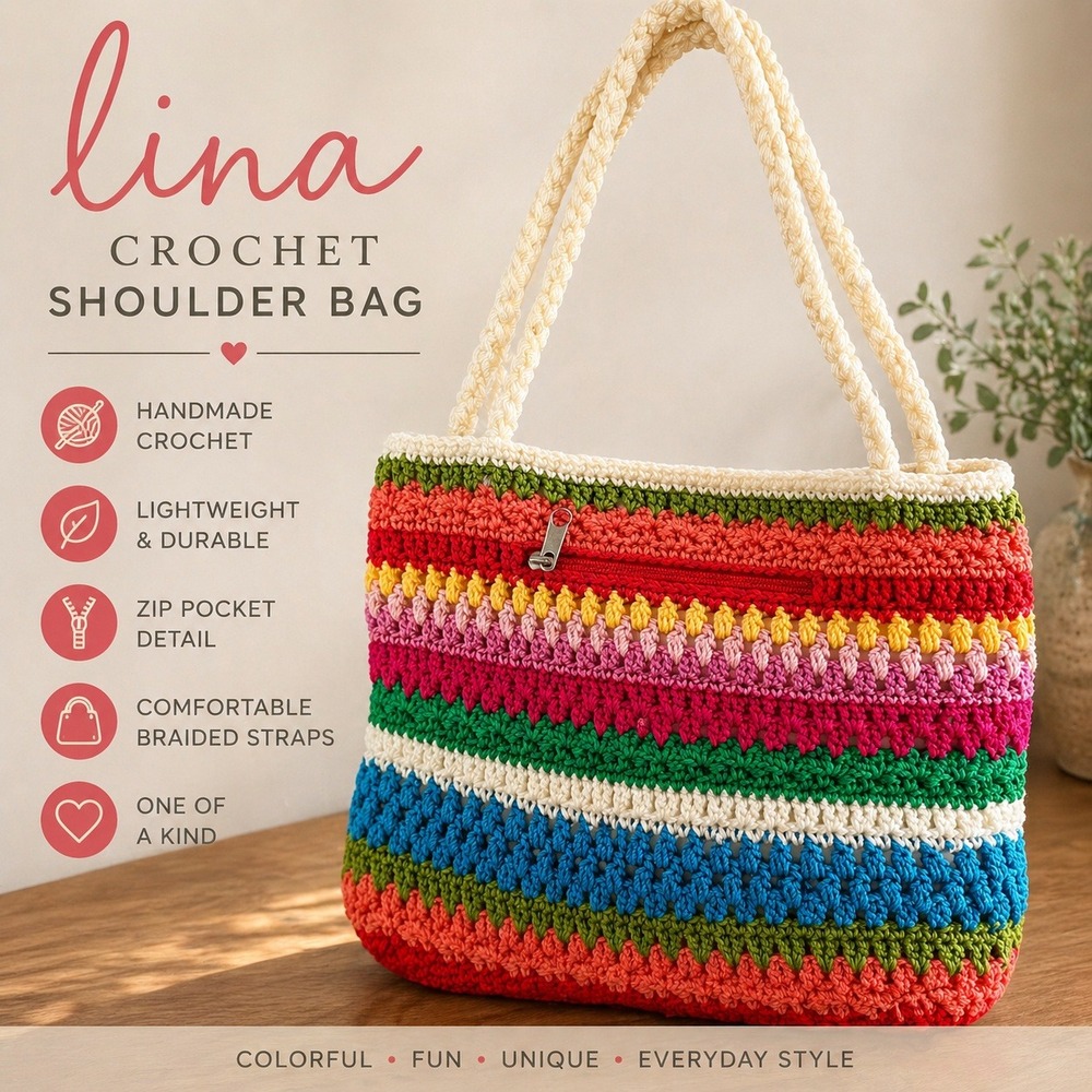 Colorful Crochet Tote Bag Lined Zip Pocket‎ Boho Beach Cottagecore Lina